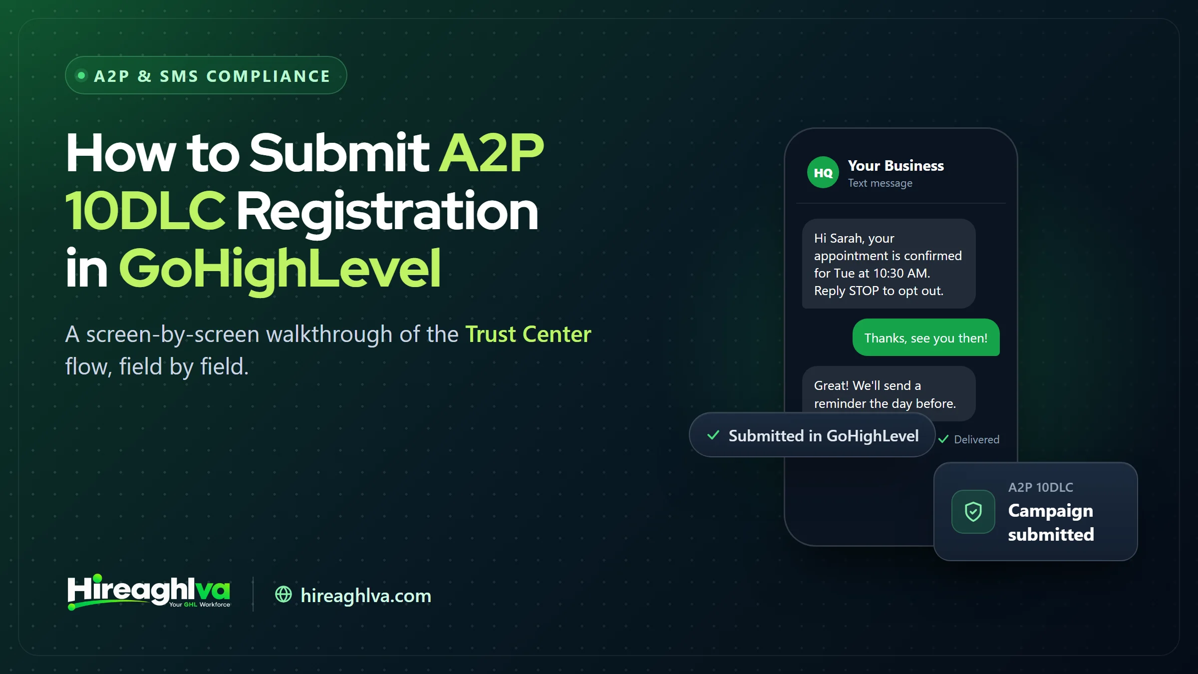 Screen-by-screen walkthrough of A2P 10DLC registration in GoHighLevel Trust Center
